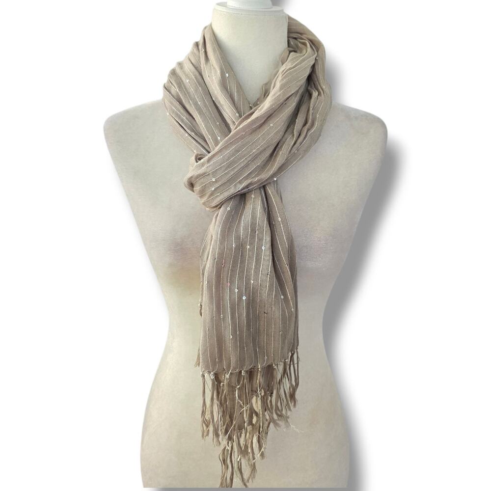 J.Crew Long Sequin Rectangle Scarf Light Evening Wrap Taupe Tan Fringed